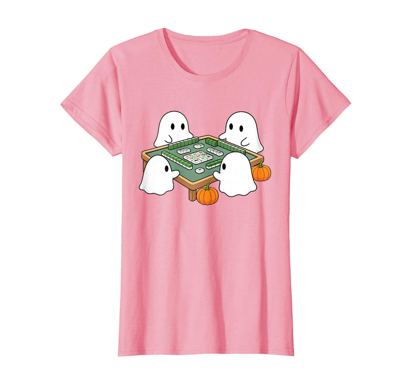 Mahjong Player Halloween Ghost Playing Mahjong Halloween Ghost Playing Mahjong Spooky Season Game Day Fall T-Shirt - Pink