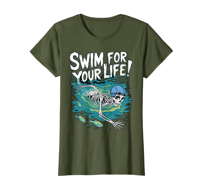 Swim Lover Halloween Custom Tee For Swimmers Kids Halloween Skeleton Swimming Swim for Your Life Swimmers Dad T-Shirt -