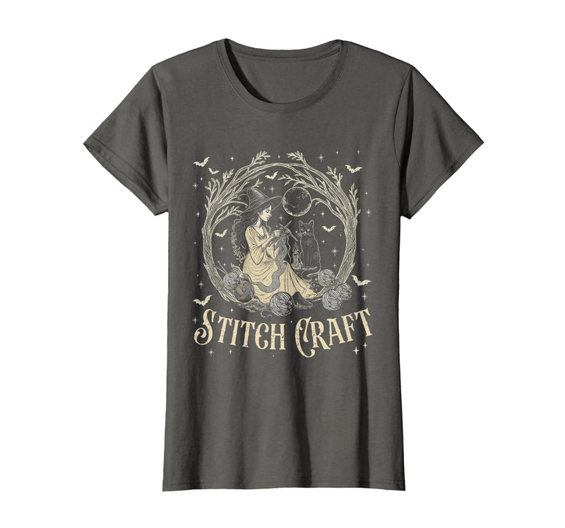 Witch Black Cat Halloween Witches Crochet Womens Stitch Craft Salem Witch Halloween Cat Witch Girls Trip T-Shirt - Asphalt