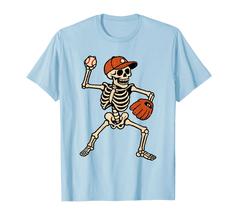 Funny Skeleton Baseball Tee Skeleton Baseball Halloween Costume Pitcher Sport Player T-Shirt - Baby Blue