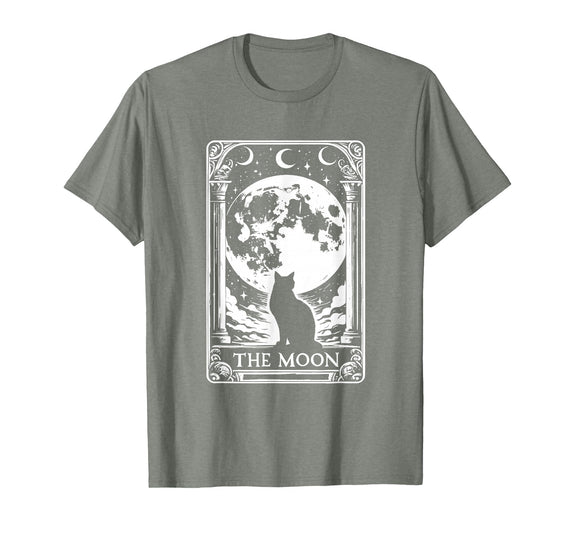 Vintage Tarot Card Cat Designs Witchy Cat Vintage Halloween Gothic The Moon Tarot Card T-Shirt - Olive Heather