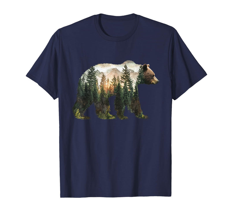 Bear Designs. Bear Forest Mountains Trees Nature Sunset Outdoor Graphic T-Shirt - Navy Blue