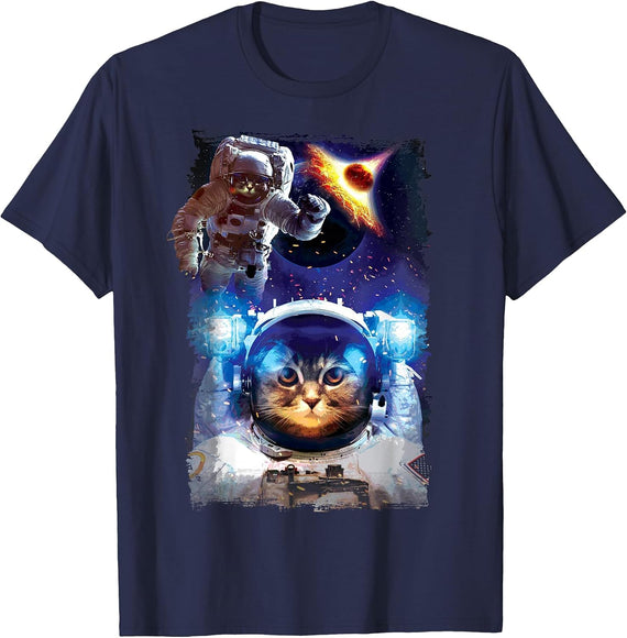 Funny Space Cat T-Shirt, Astronaut, Galaxy by Zany Brainy T-Shirt - Navy Blue