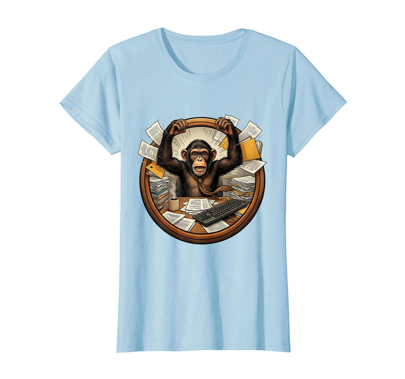 Mademark Monkey Office Chaos Funny Adult Humor Graphic T-Shirt - Women - Baby Blue