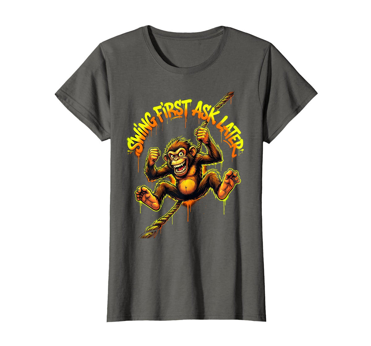 Mademark Swing First Ask Later Funny Monkey Design T-Shirt - Women - Asphalt Grey