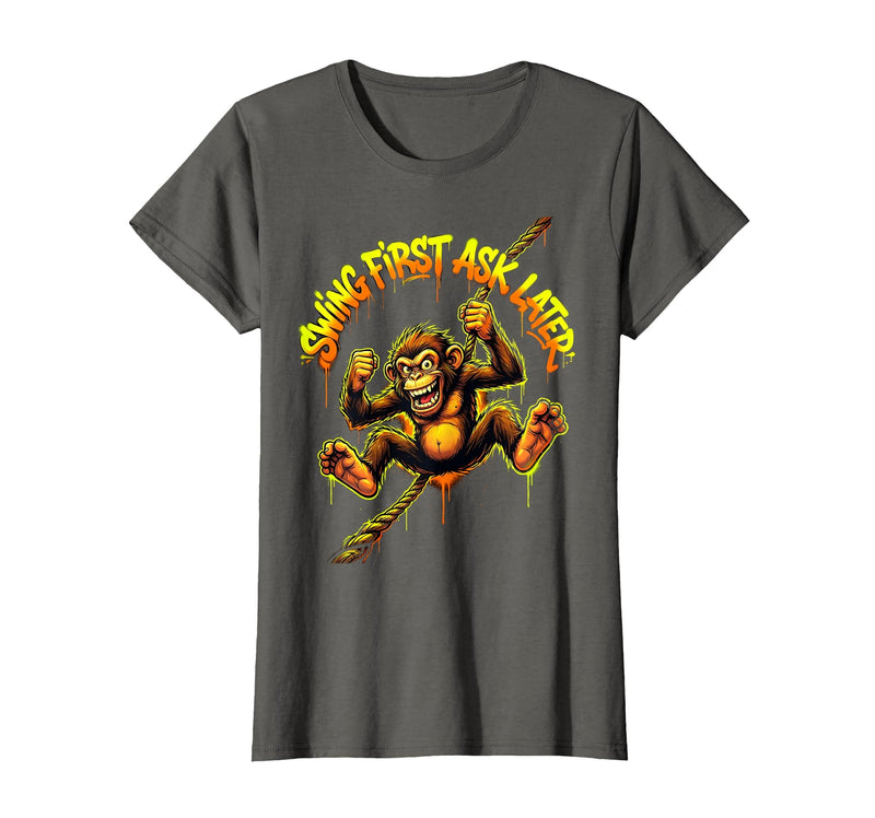 Mademark Swing First Ask Later Funny Monkey Design T-Shirt - Women - Asphalt Grey