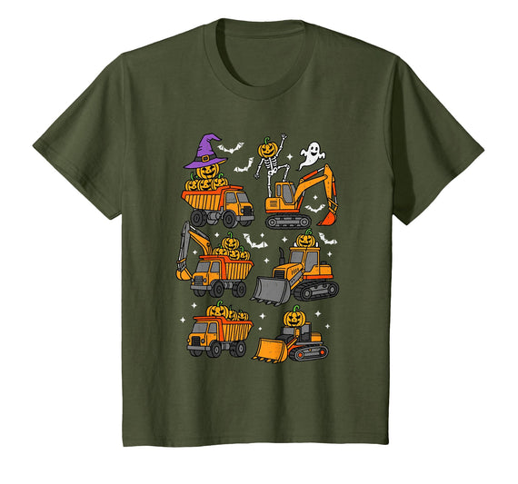 Halloween Tees for Women Men Kids Construction Trucks Excavator Spooky Halloween Toddler Kids T-Shirt - Olive Green