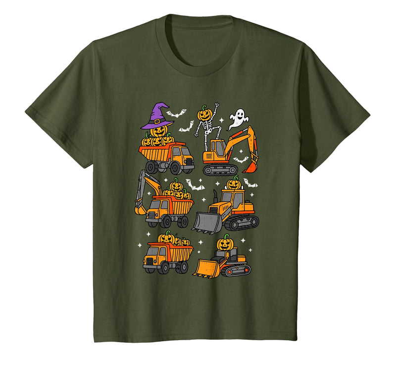 Halloween Tees for Women Men Kids Construction Trucks Excavator Spooky Halloween Toddler Kids T-Shirt - Olive Green