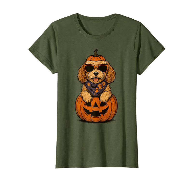 Funny Retro Maltipoo mom Halloween Spooky Cavapoo Pumpkin Halloween Doodle Dog Lover T-Shirt - Olive Green