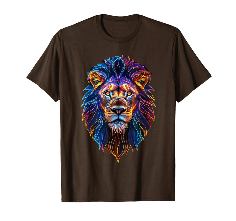 Psychedelic Jungle Glow Animal Art Glow Lion Head Art Psychedelic Jungle Animal Face T-Shirt - Brown