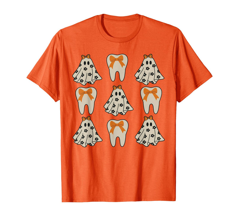 Dentist Dental Halloween Costume Tee Gifts Floral Ghost Teeth Dental Dentist Halloween Costume T-Shirt - Orange
