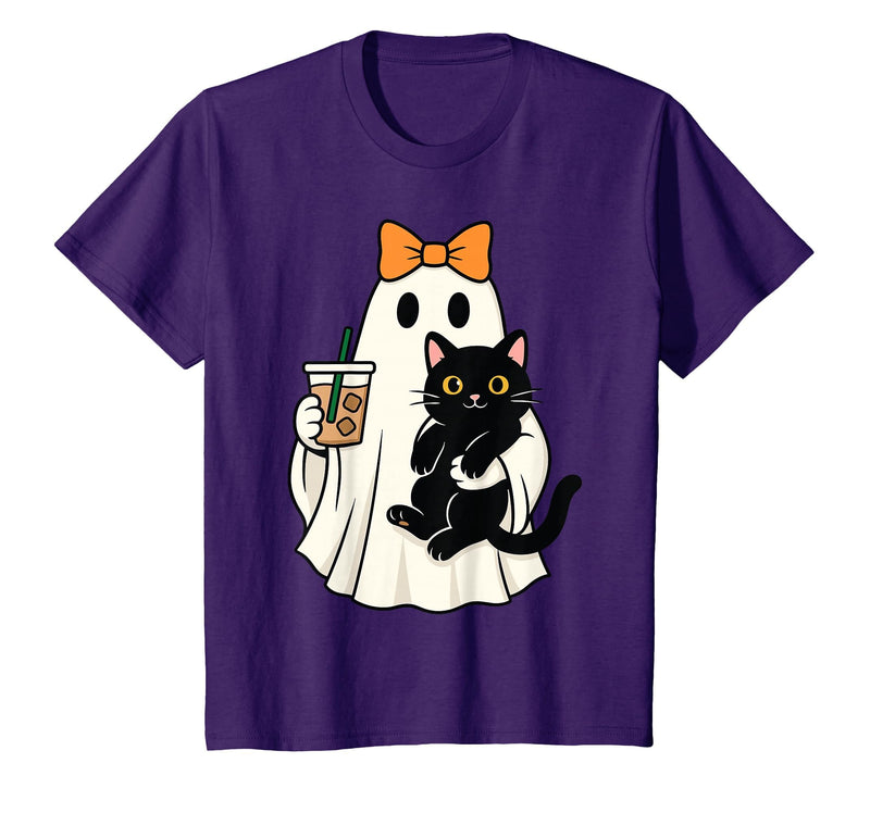 halloween iced coffee costume Cat Women Girls Cute Halloween Cat Ghost Drinking Coffee Ghost Women Girls T-Shirt - Purple