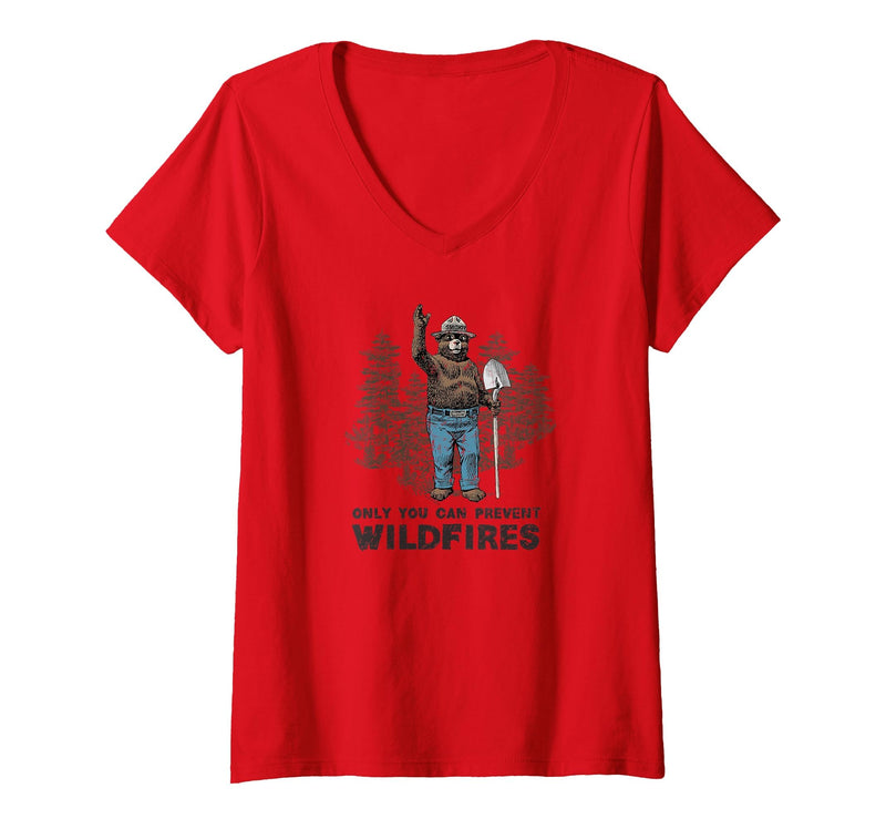 Womens Smokey Bear Only You Can Prevent Wildfires V-Neck T-Shirt - Red