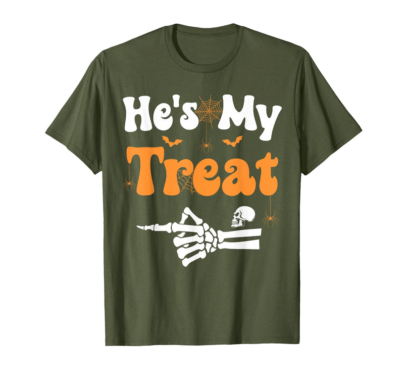 She's My Trick He's My Treat Halloween Couple Tees He's My Treat Skeleton Couples Matching Couple Halloween T-Shirt - Olive