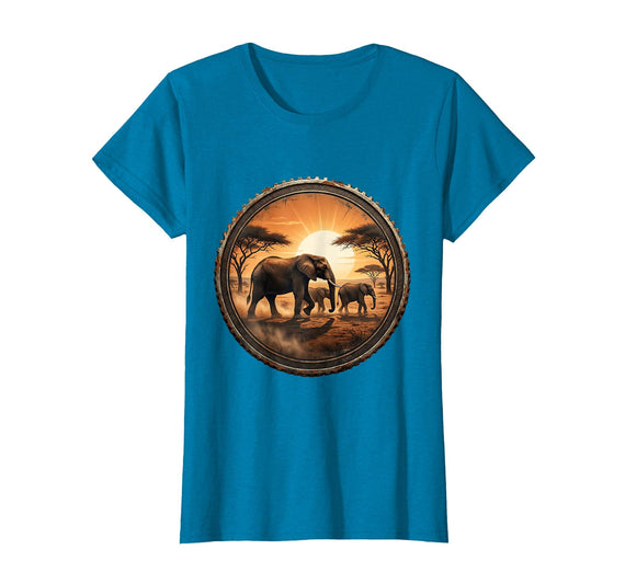 Mademark Elephant Herd Crossing Dusty Savanna Plain T-Shirt - Women - Sapphire Blue