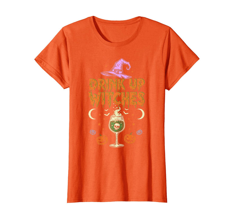 Funny Halloween Tees for Men Women Kids. Drink Up Witches Purple Hat Funny Halloween Men Women T-Shirt - Orange