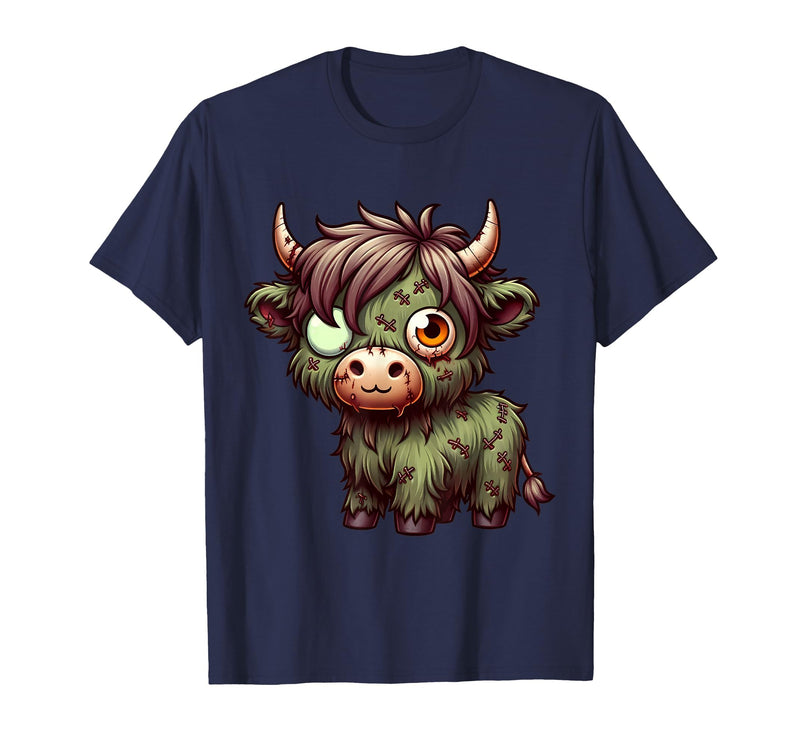 Cute Highland Cow Zombie Halloween Designs Highland Cow Zombie Halloween Farm Animal Women Girls T-Shirt - Navy Blue