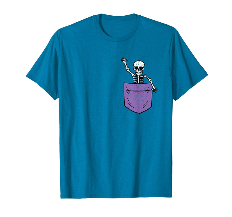 Halloween Shirts Skeleton Costume Men Women Kids Skeleton Pocket Halloween Costume Funny Skull Character T-Shirt - Sapphire