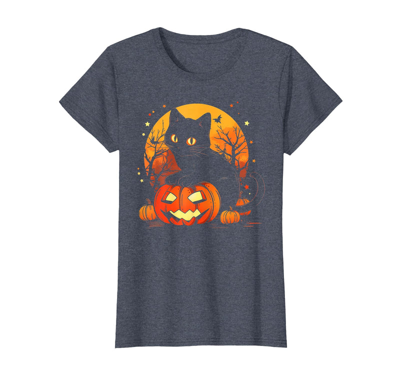 Black Cat Halloween Pumpkin Gifts Retro Black Cat Halloween Pumpkin Costume for Women Men Kids T-Shirt - Heather Blue