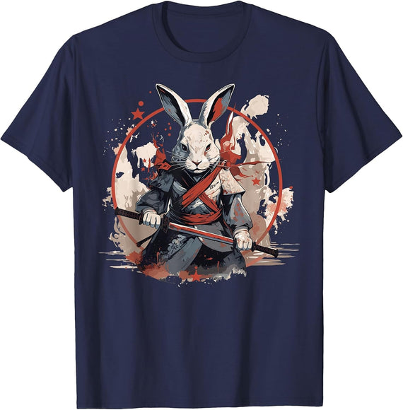 Samurai Rabbit Warrior Japanese Ninja Bunny Kawaii T-Shirt - Navy Blue