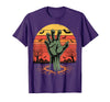 Creepy Undead Zombie Hand Retro Sunset Scary Zombie Hand Retro Sunset Halloween Horror Tee T-Shirt - Purple
