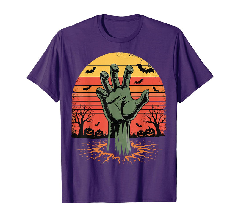 Creepy Undead Zombie Hand Retro Sunset Scary Zombie Hand Retro Sunset Halloween Horror Tee T-Shirt - Purple