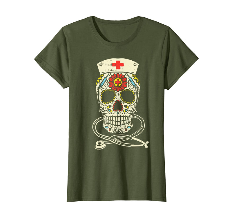 Halloween Nurse Shirts For Women Scrub Costumes Nurse Sugar Skull Stethoscope RN Medical Halloween Costume T-Shirt - Olive