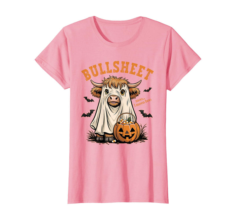 Bullsheet Highland Cow Ghost Halloween Tees Moo... I Mean Boo Bullsheet Highland Cow Ghost Halloween T-Shirt - Pink