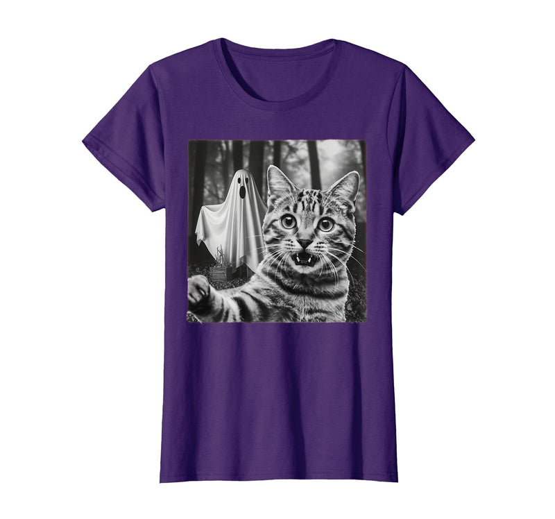 Halloween Cat Selfie with Spooky Ghost t -shir t Halloween Cat Selfie with Spooky Ghost T-Shirt - Purple