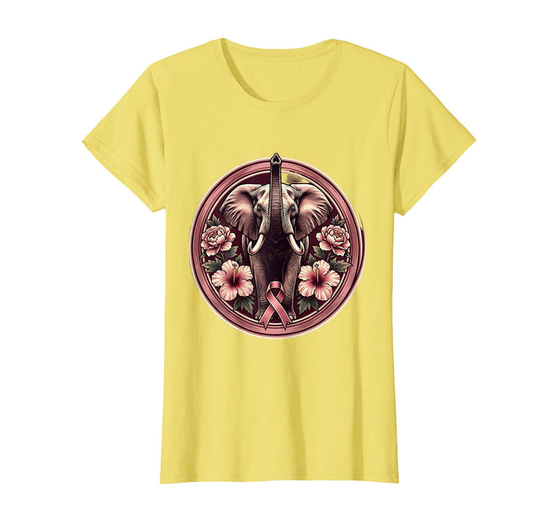 Mademark Elephant Pink Flowers Breast Cancer Awareness T-Shirt - Women - Lemon Yellow
