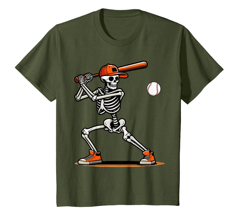 Funny Halloween Skeleton Sports Boys Costume Baseball Skeleton Spooky Boys Halloween Baseball Player T-Shirt - Olive Green