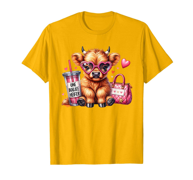 Highland Cow Land of NYC One Boujee Heifer Highland Cow Bougie Pink Tumbler Handbag T-Shirt - Golden Yellow