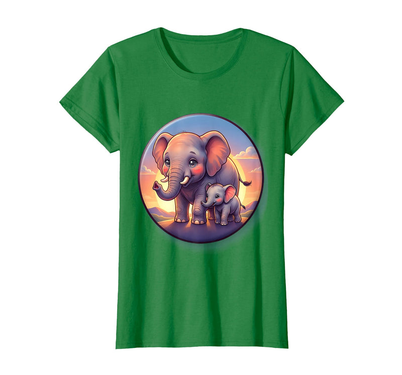 Mademark Elephant Mother and Calf Sunset Walk Design T-Shirt - Women - Kelly Green