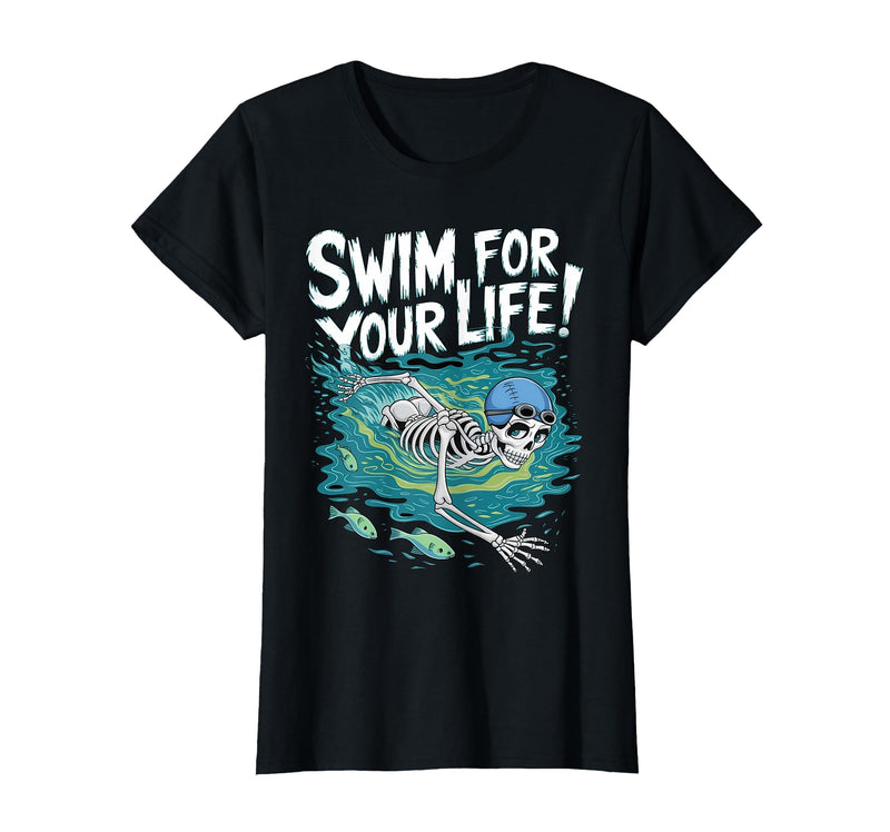 Swim Lover Halloween Custom Tee For Swimmers Kids Halloween Skeleton Swimming Swim for Your Life Swimmers Dad T-Shirt - Black