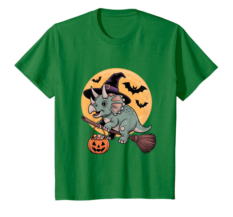Triceratops Lover Dino Halloween Party Wear Triceratops Witch Hat Pumpkin Halloween Costume Men Women T-Shirt - Kelly Green