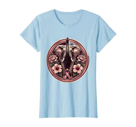 Mademark Elephant Pink Flowers Breast Cancer Awareness T-Shirt - Women - Baby Blue