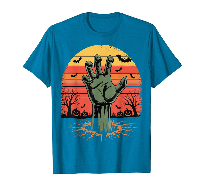 Creepy Undead Zombie Hand Retro Sunset Scary Zombie Hand Retro Sunset Halloween Horror Tee T-Shirt - Sapphire Blue