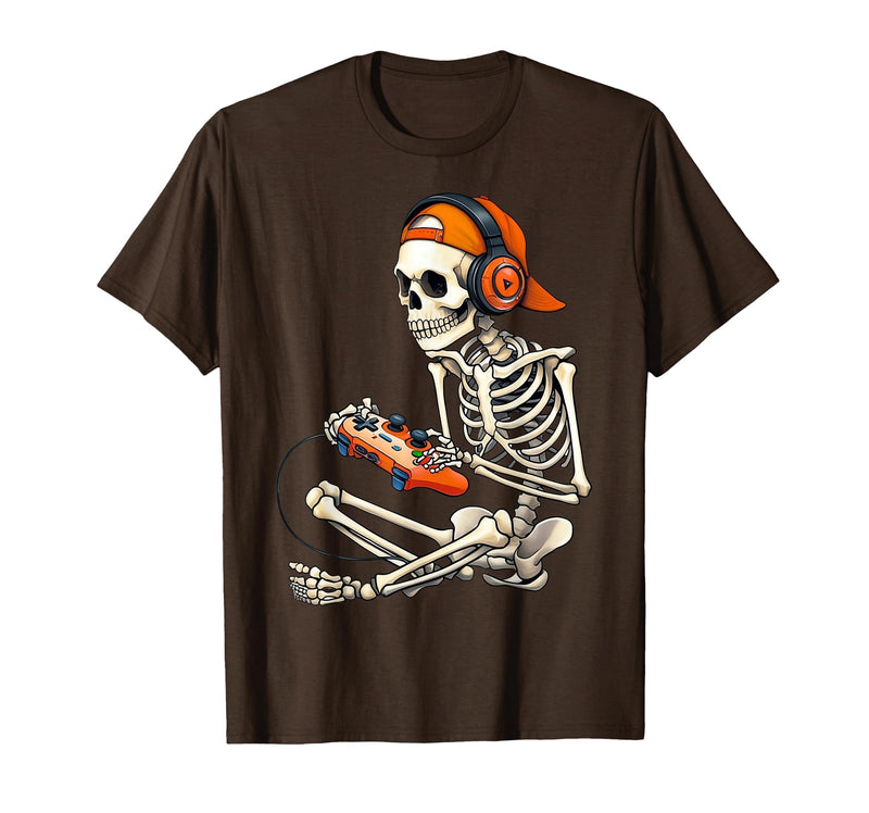 Halloween Skeleton Shirts for Gamers Men Boys Kids Halloween Skeleton Gamer Video Gaming Boys Men Kids Funny T-Shirt - Brown
