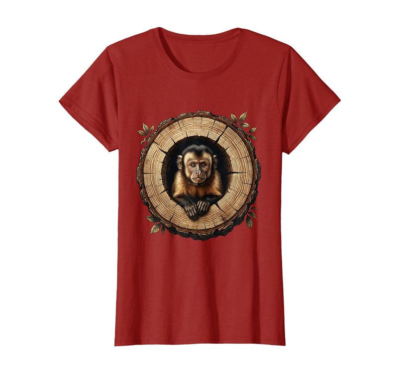 Mademark Capuchin Monkey in Hollow Log Illustration T-Shirt - Women - Cranberry Red