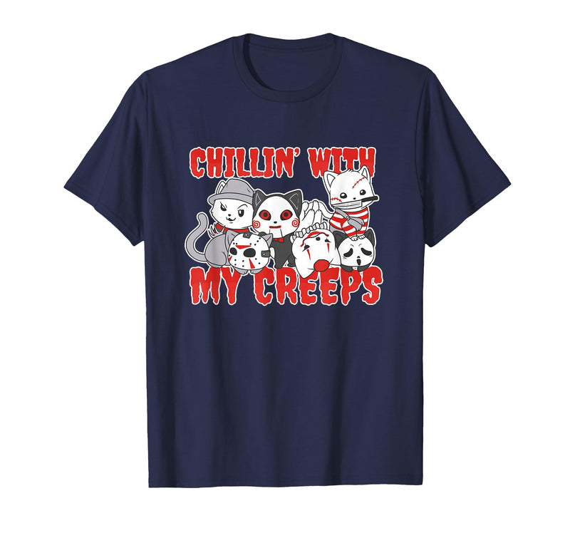 Chillin With My Creeps Apparel Chillin with My Creeps Cat Horror Killer Halloween Costume T-Shirt - Navy Blue