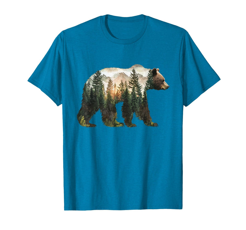 Bear Designs. Bear Forest Mountains Trees Nature Sunset Outdoor Graphic T-Shirt - Sapphire Blue