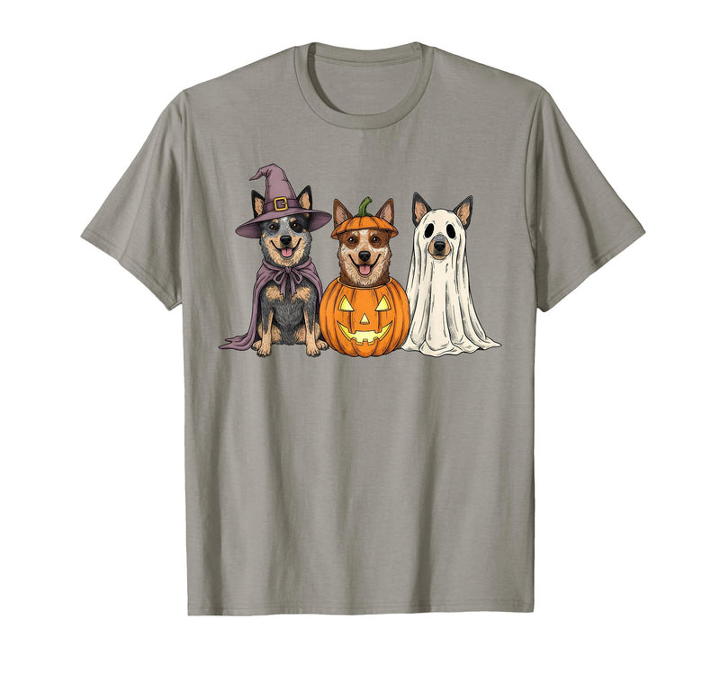 Funny Retro Australian Cattle Dog Halloween Witch Spooky Ghost Blue Heeler Pumpkin Halloween Dog Lover T-Shirt - Slate Grey