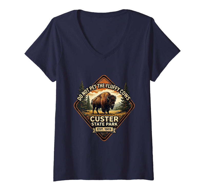 Mademark Women's Do Not Pet The Fluffy Cows Custer State Park Design V-Neck T-Shirt - Navy Blue