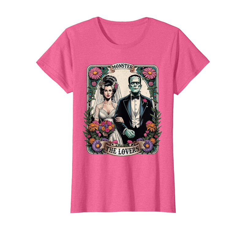 The Lovers Tarot Card Spooky Halloween Women Men The Monster Frankenstein and Bride The Lovers Tarot Card T-Shirt - Pink