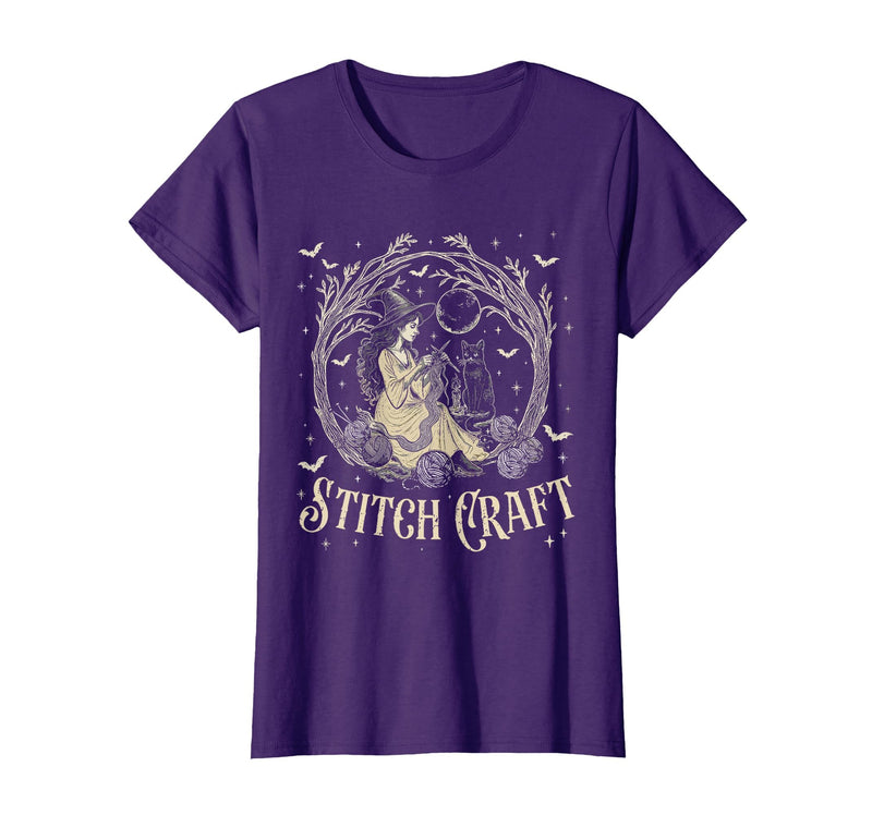 Witch Black Cat Halloween Witches Crochet Womens Stitch Craft Salem Witch Halloween Cat Witch Girls Trip T-Shirt - Purple