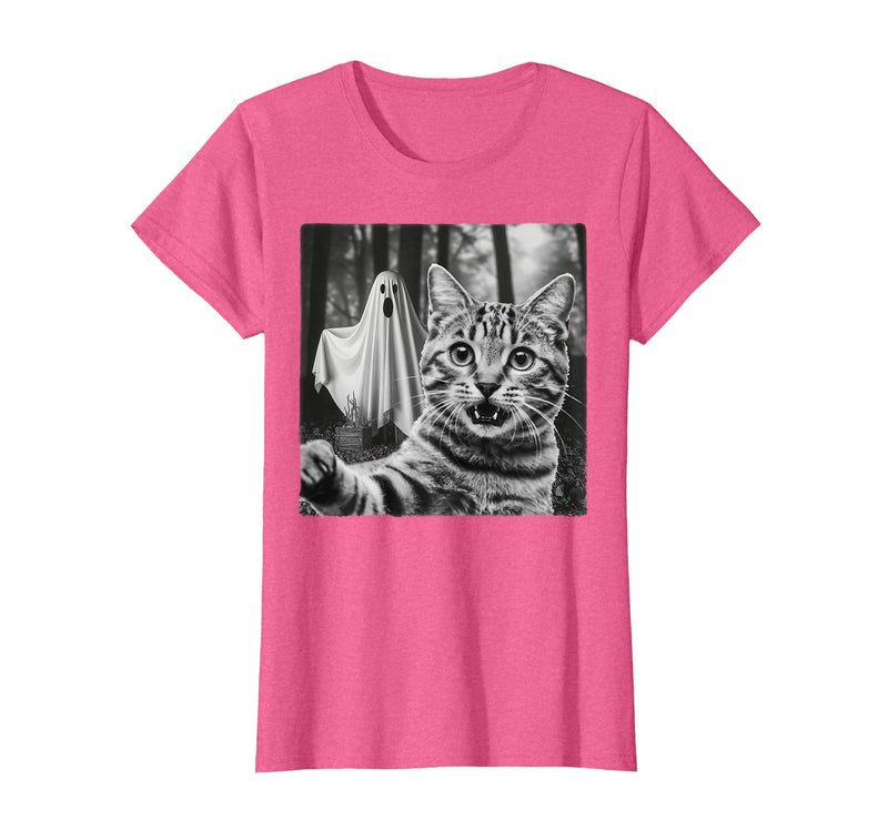 Halloween Cat Selfie with Spooky Ghost t -shir t Halloween Cat Selfie with Spooky Ghost T-Shirt - Pink Heather