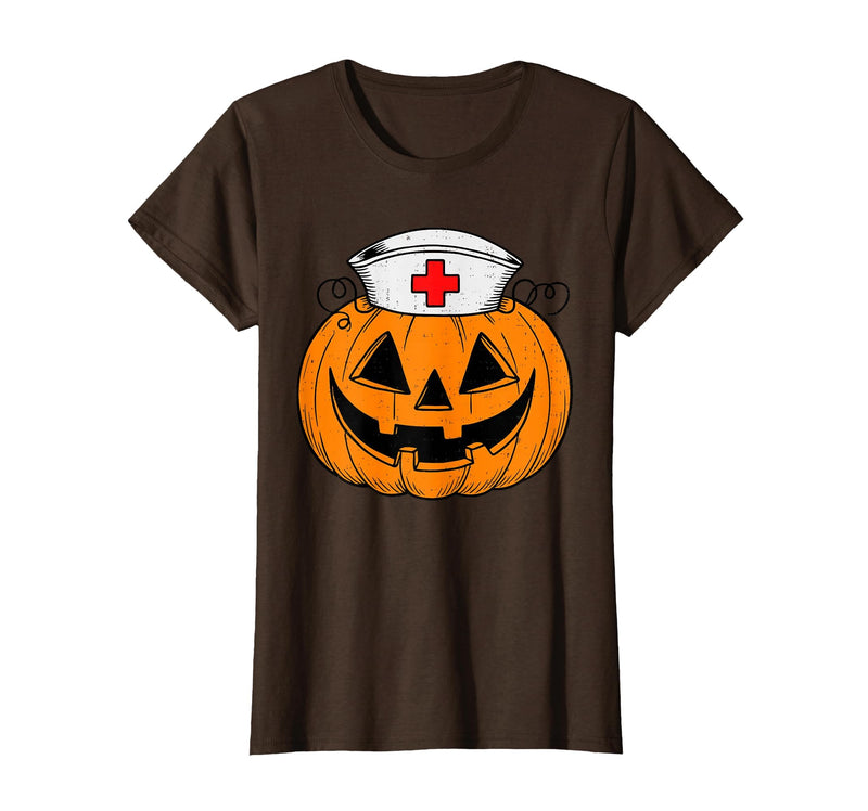Halloween Tees for Women Men Kids Funny Pumpkin Nurse Scary Halloween Costume RN CNA ICU Women T-Shirt - Brown