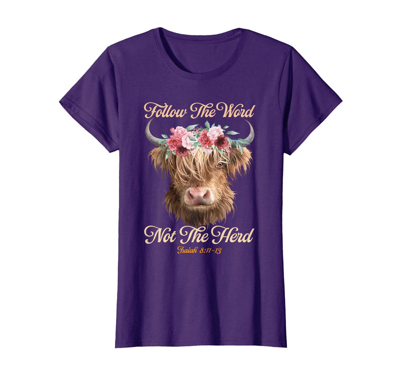 Christian Western Highland Cow Lovers Tees Follow The Word Not The Herd Christian Western Highland Cow T-Shirt - Purple