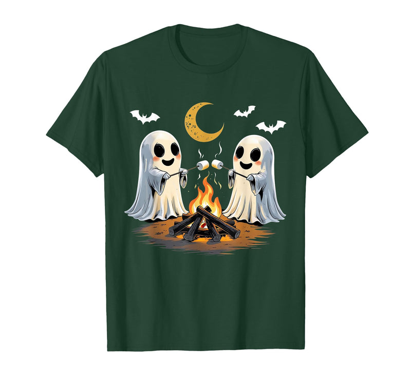 Halloween Tees and Spooky Ghosts Designs Ghosts Roasting Marshmallows Halloween Night Cute Novelty T-Shirt - Dark Green