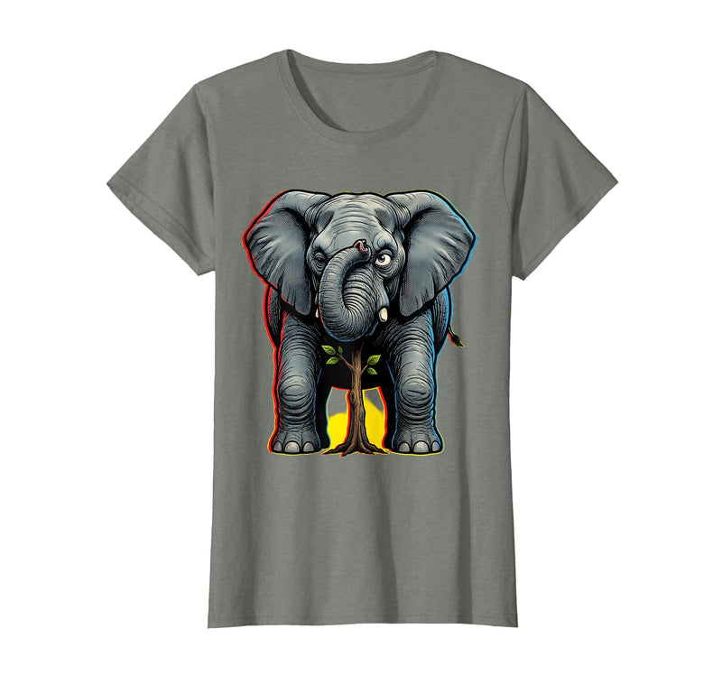 Mademark Funny Elephant Hiding Behind Tiny Tree T-Shirt - Women - Olive Heather